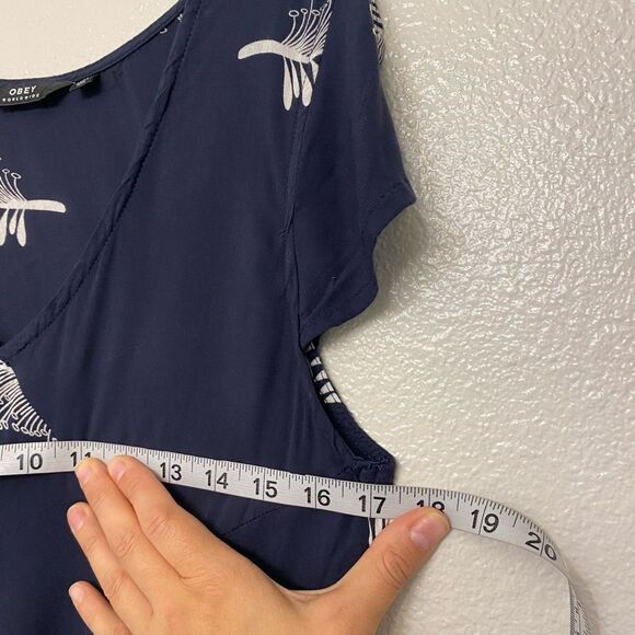 Obey navy blue front tie V-neck summer dress feather fern 100% viscose small - Picture 9 of 12